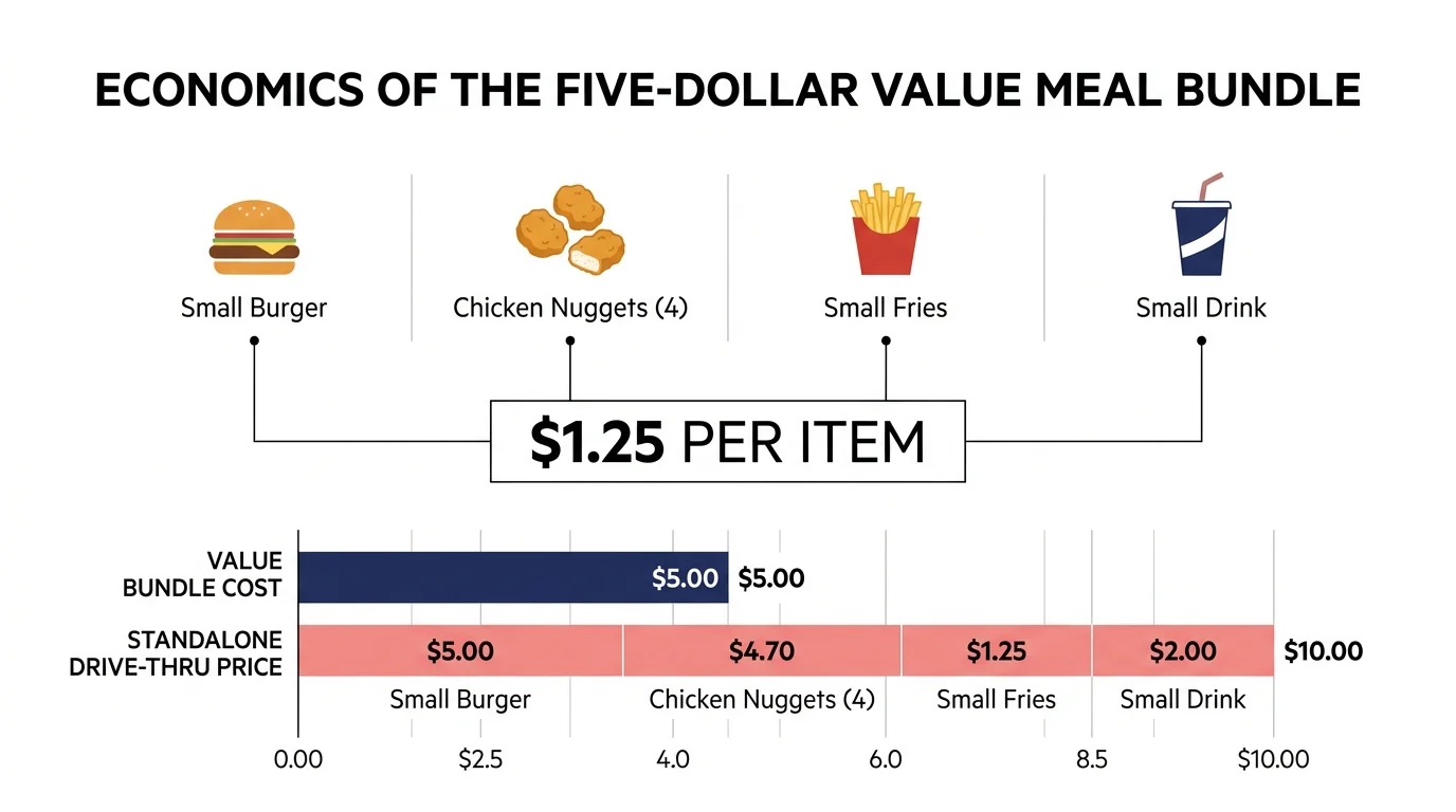 A clean, horizontal data infographic breaking down a five-dollar meal bundle into its individual cost of one dollar and twenty-five cents pe