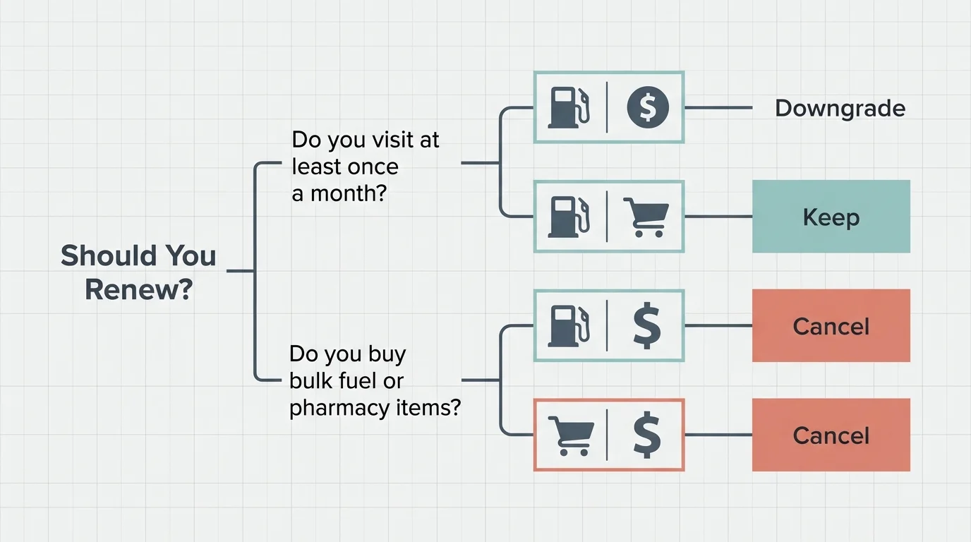 A clean, horizontal decision-tree diagram mapping out whether to renew, downgrade, or cancel a store membership.