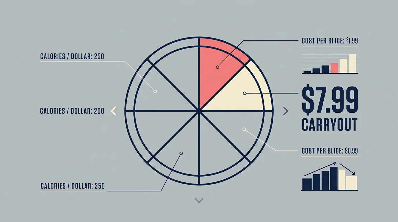 A clean, horizontal diagram showing a pizza divided into slices, highlighted with clean labels detailing a seven dollar and ninety-nine cent