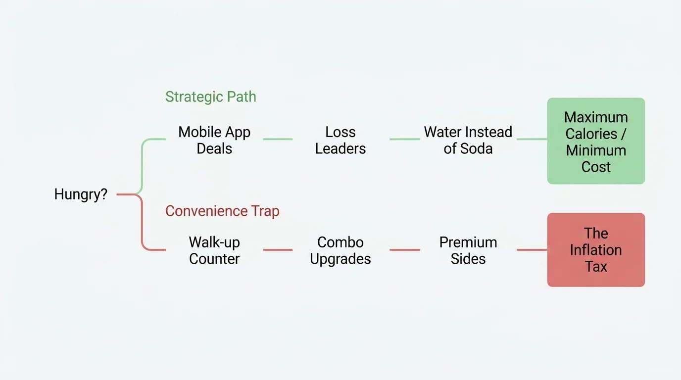 A clean, horizontal flowchart contrasting a green 'Strategic Path' using apps and loss leaders against a red 'Convenience Trap' path.