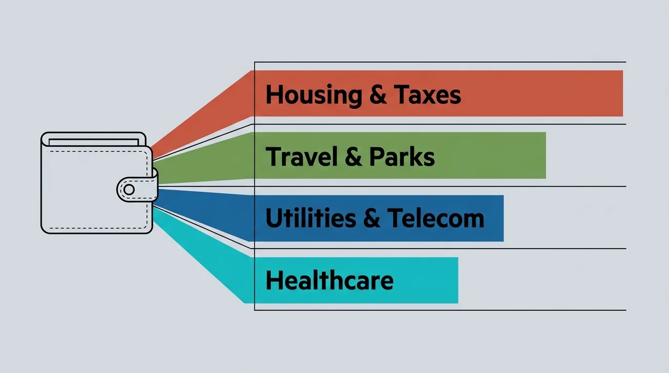 A clean horizontal infographic showing a wallet with four color-coded bars representing areas of senior savings: Housing, Travel, Utilities,