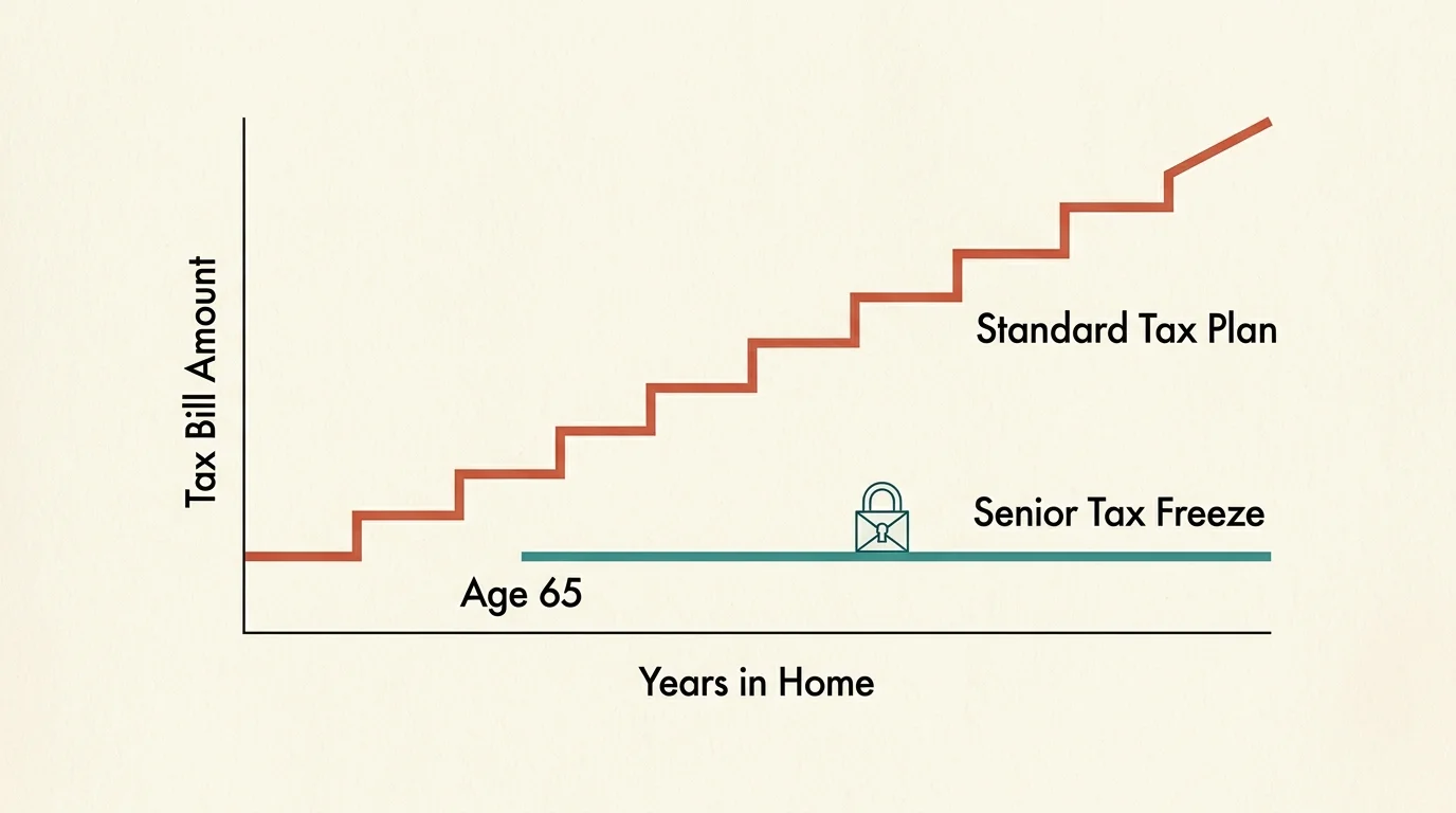 A clean, minimalist chart comparing a rising standard tax line with a flat, locked senior tax freeze baseline starting at Age 65.