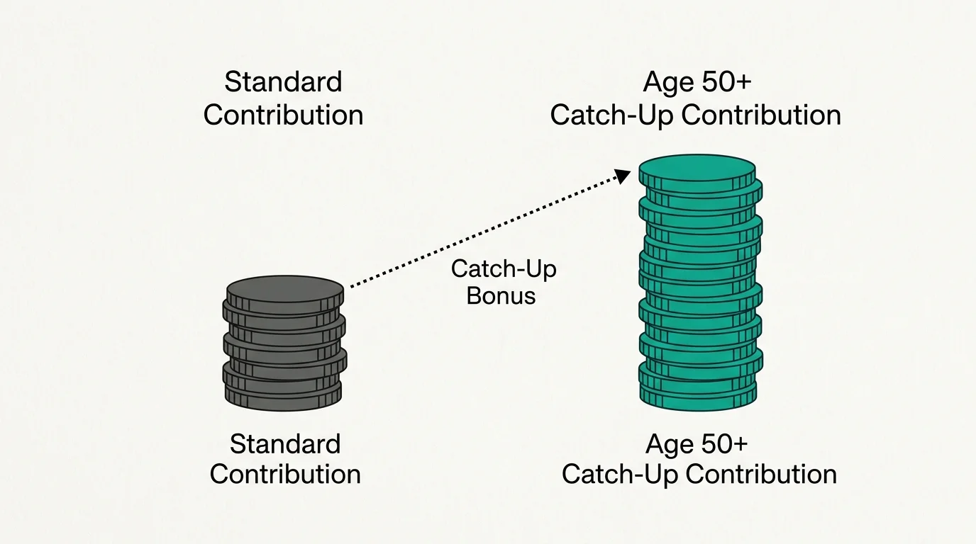 A clean, modern diagram comparing standard contribution limits to the taller stack of Age 50+ catch-up contributions.