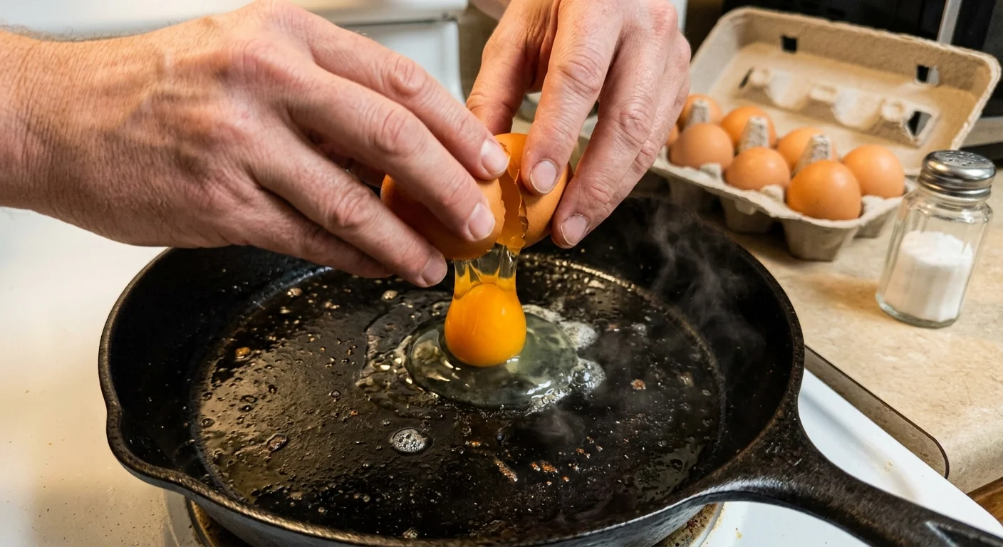 A close-up, documentary-style photograph of hands cracking a fresh brown egg into a seasoned cast-iron skillet on a home stove.