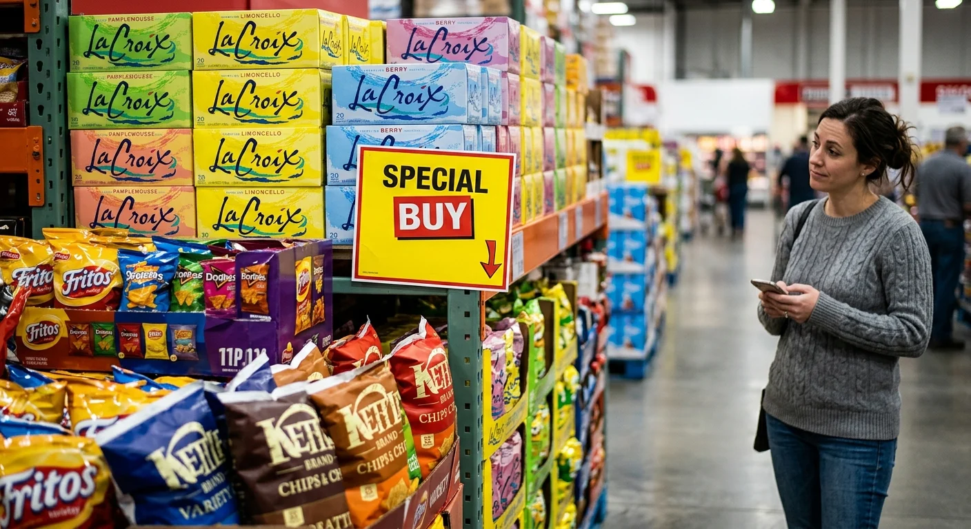 A close-up of a brightly lit store endcap display with a 'Special Buy' sign, with a skeptical shopper blurred in the background.
