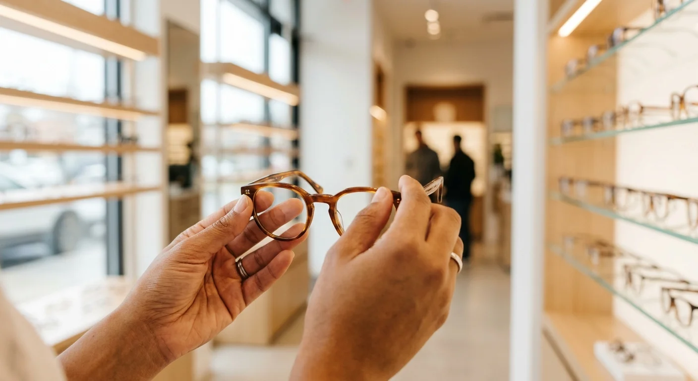A close-up of a customer's hands holding modern glasses frames in a softly lit, professional optical department.