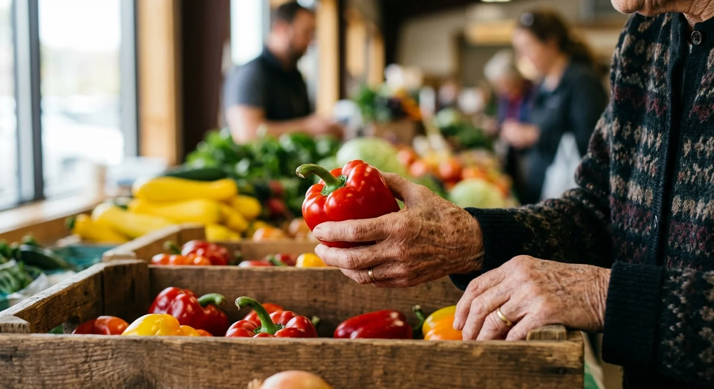 A close-up of a senior shopper's hands carefully selecting a fresh red bell pepper from a wooden produce display at a grocery store.