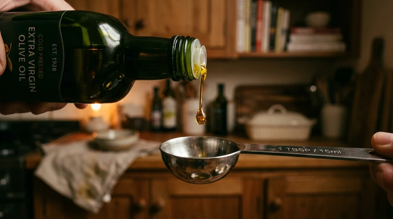 A close-up photo of a golden drop of olive oil being carefully poured from a dark green bottle into a metal measuring spoon.
