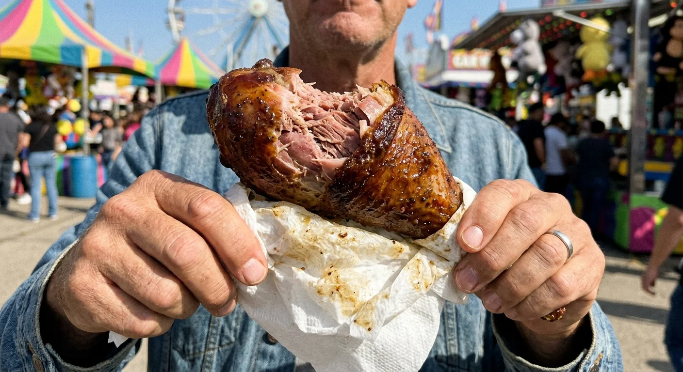A close-up photo of a massive, greasy turkey leg with a bite taken out of it at a busy summer fairground.