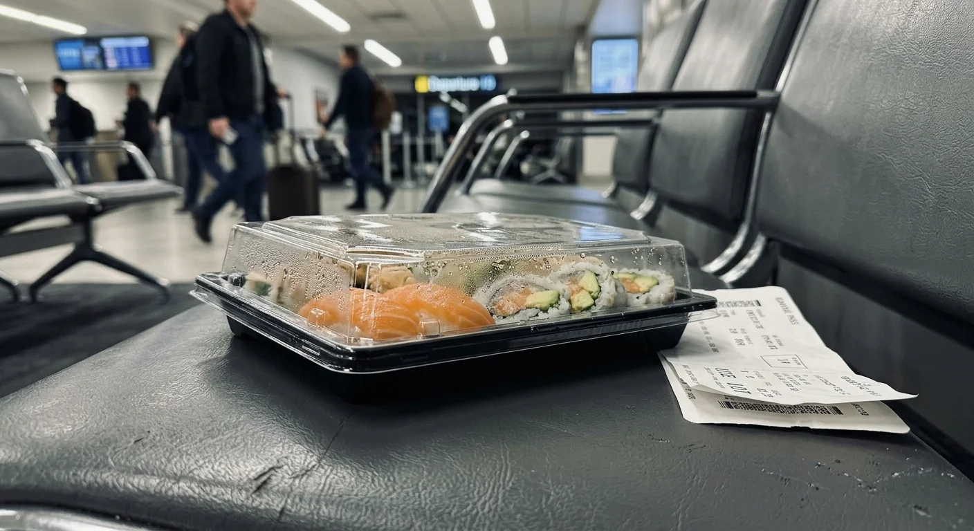 A close-up photo of a plastic tray of airport sushi with condensation on the lid sitting on a terminal seat next to a boarding pass.