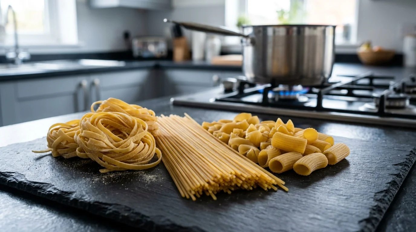A close-up photo of dry spaghetti and egg noodles on a counter with a boiling pot of water simmering in the background.