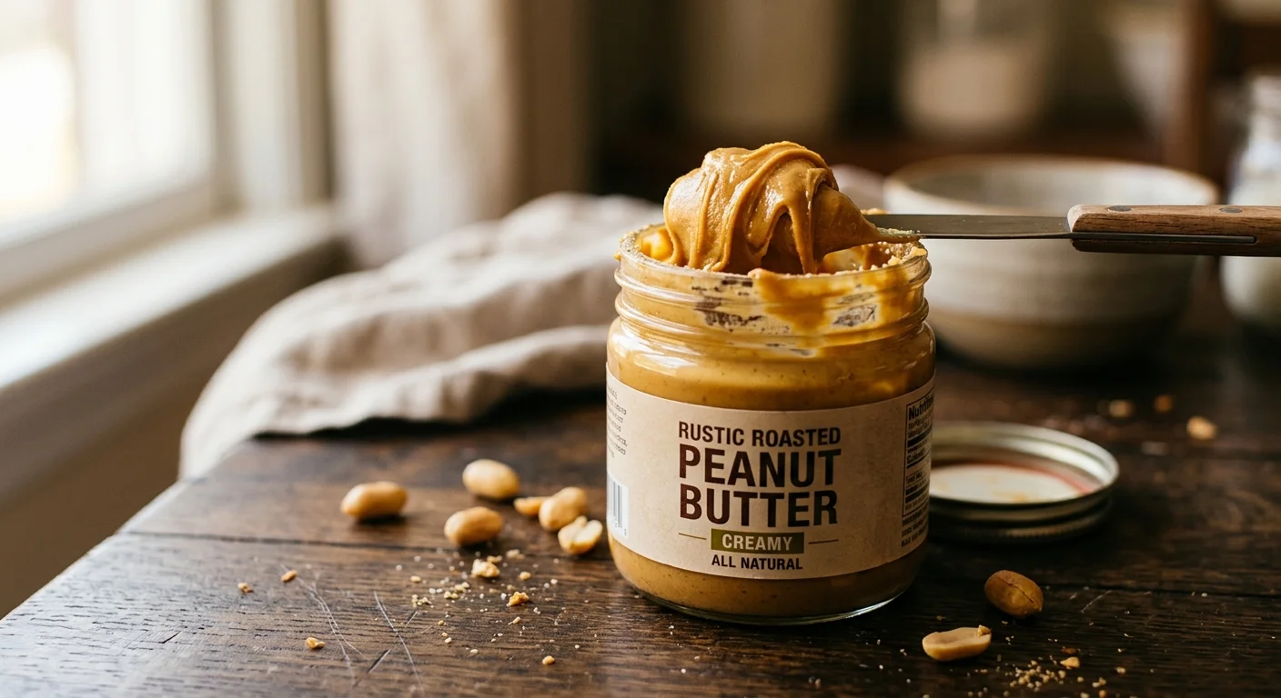A close-up photograph of a butter knife scooping out a thick, creamy portion of golden-brown peanut butter from a glass jar.