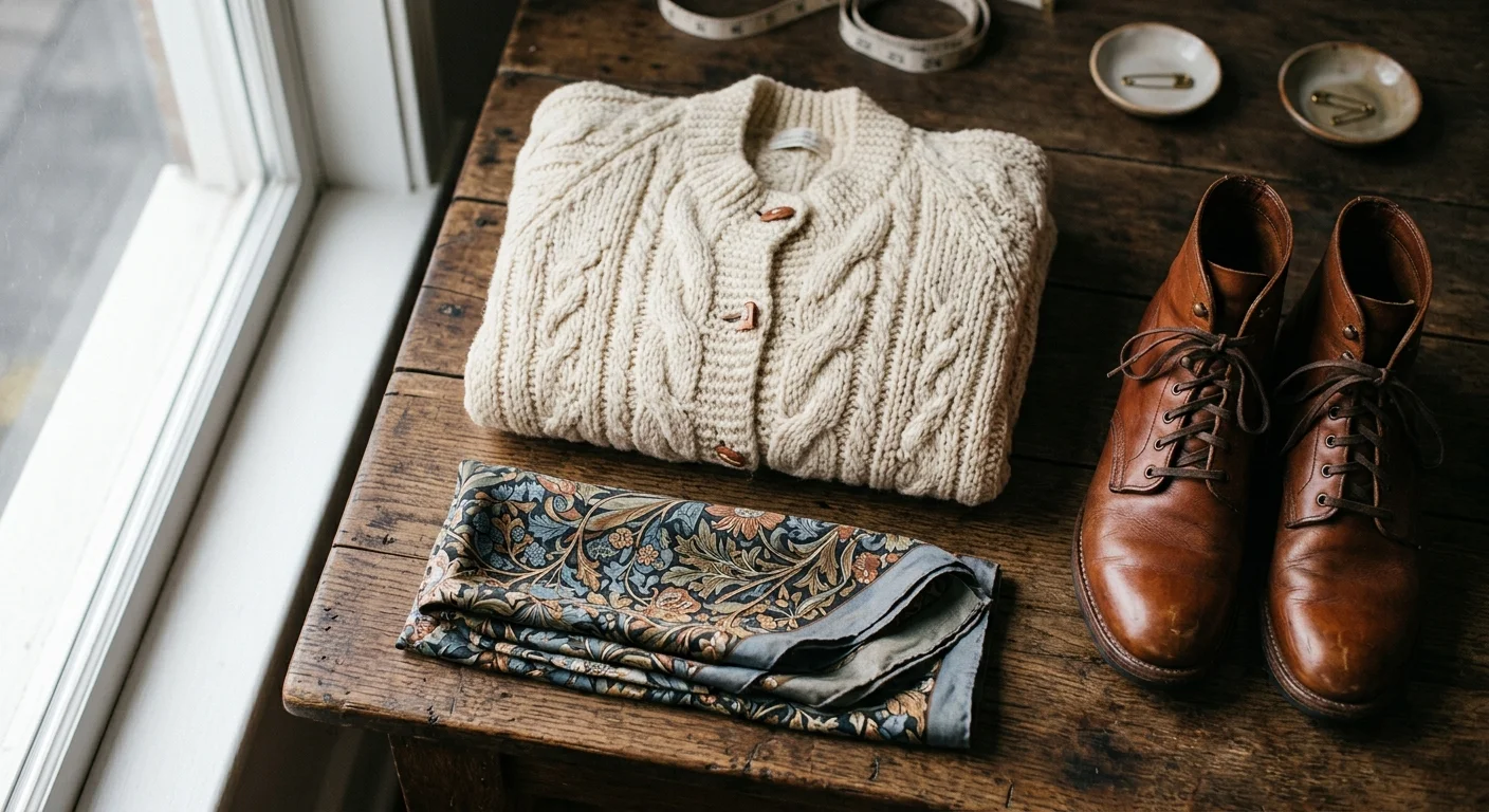 A close-up photograph of a folded wool cardigan, silk scarf, and leather boots arranged neatly on a dark wooden table.