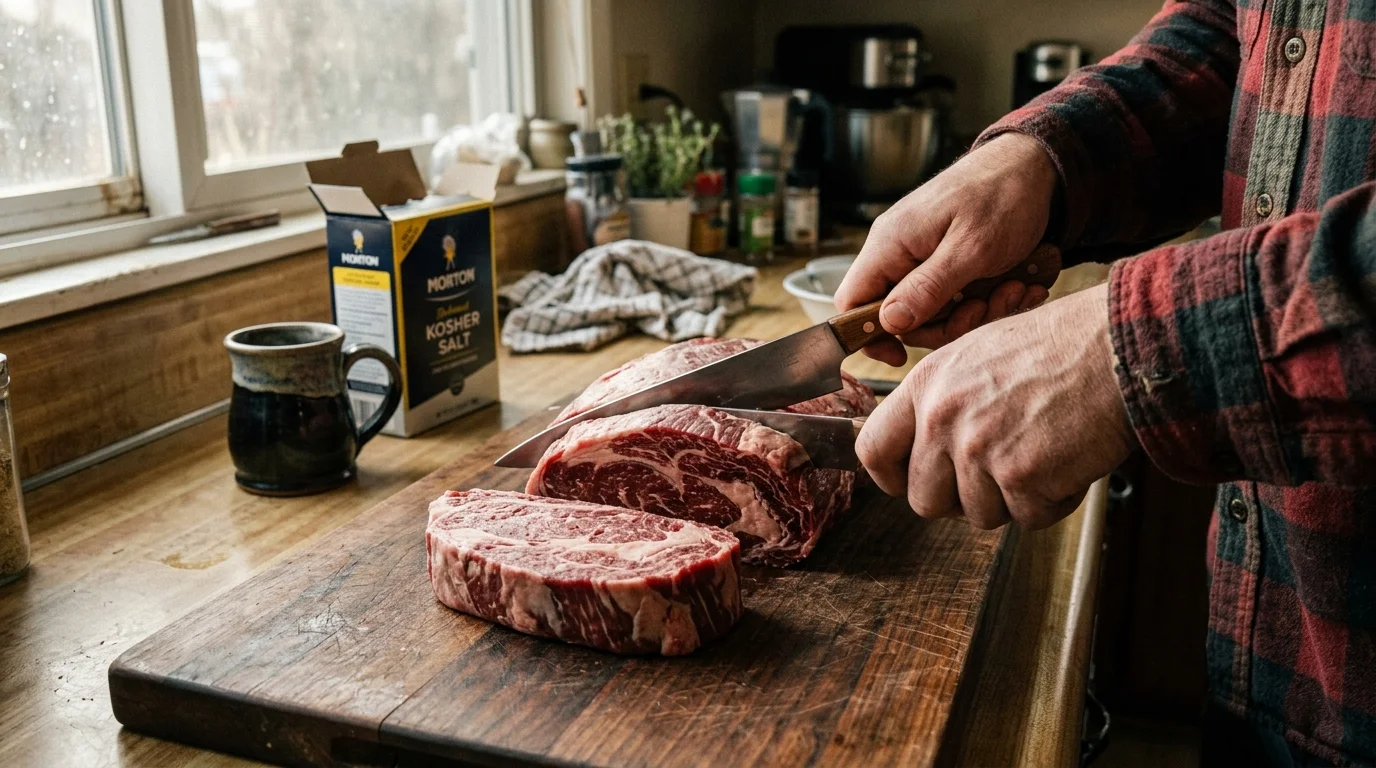 A close-up photograph of a person slicing a large cut of beef into roasts on a wooden cutting board in a home kitchen.