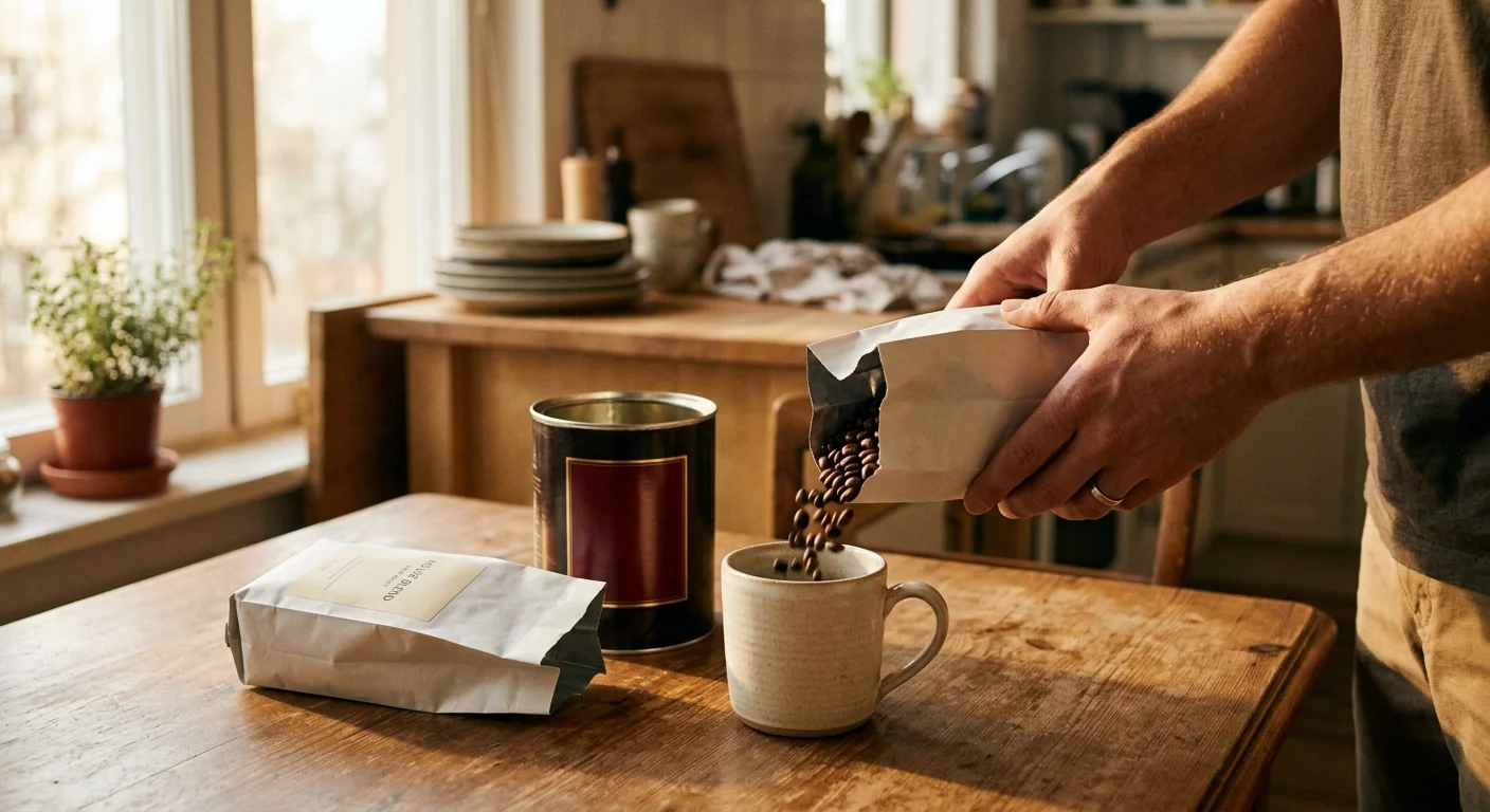 A close-up photograph of hands pouring coffee beans from a generic white bag next to a brand-name tin on a sunlit wooden table.