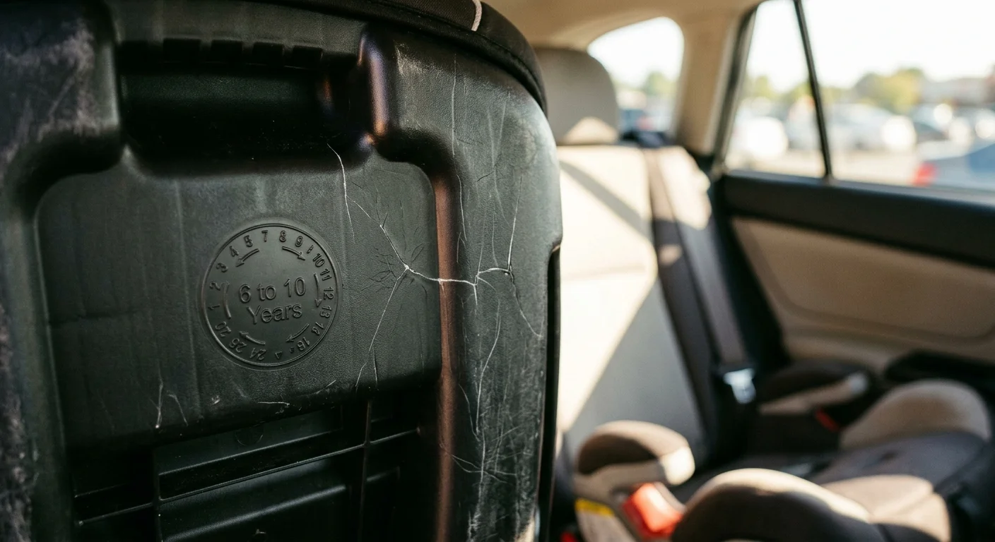 A close-up photograph of the molded expiration date stamp on the plastic underside of a child's car seat.