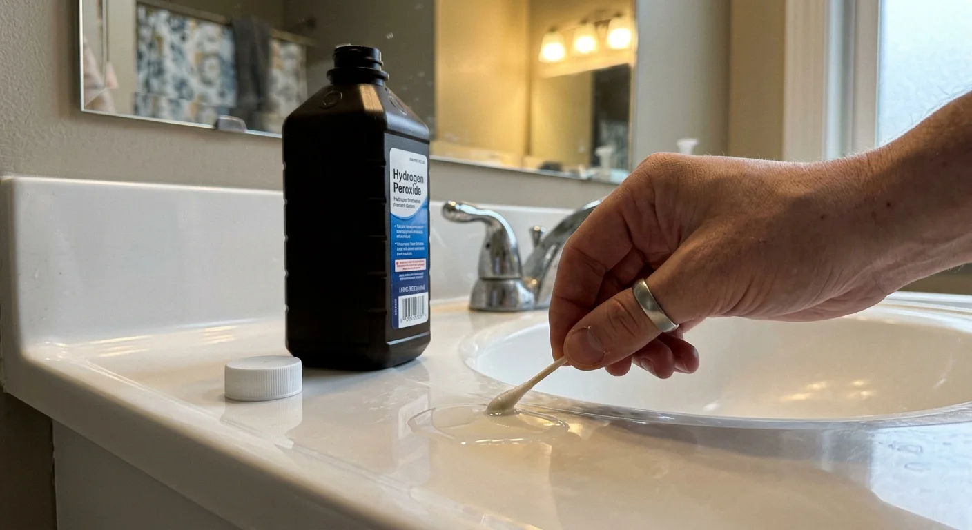 A close-up shot of a cotton swab dipped in expired hydrogen peroxide on a bathroom sink, failing to produce any fizzing bubbles.