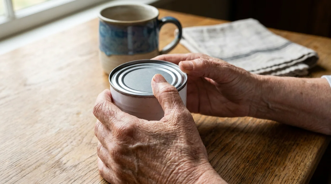 A close-up shot of a retired woman's hands inspecting the seam of a canned tomato tin in a sunlit kitchen.