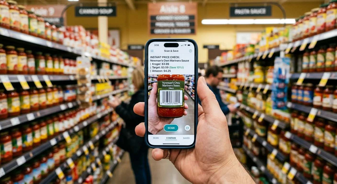 A close-up shot of a smartphone scanning a barcode in a store aisle, with the background shelves softly blurred.