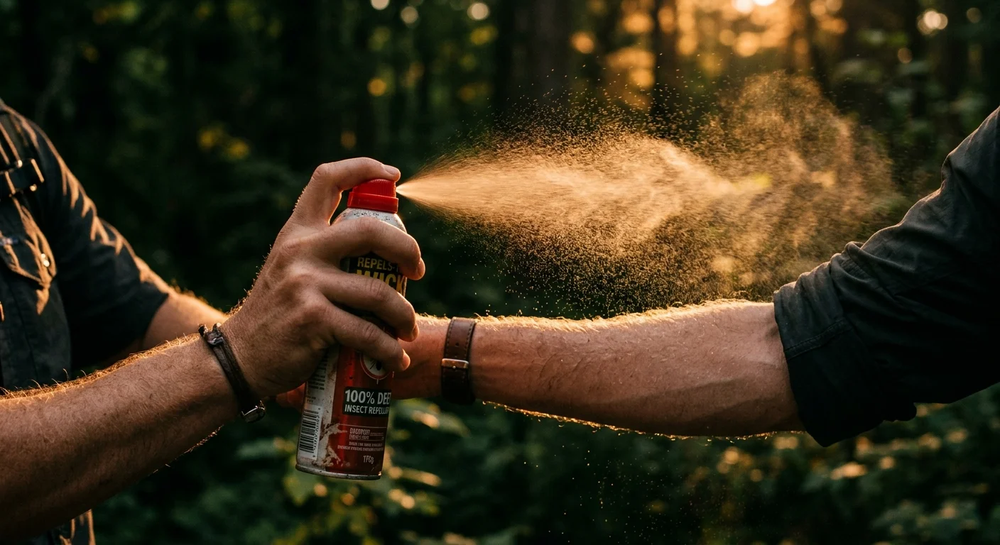 A close-up shot of bug spray being misted onto an arm in the warm, golden light of a forest at sunset.