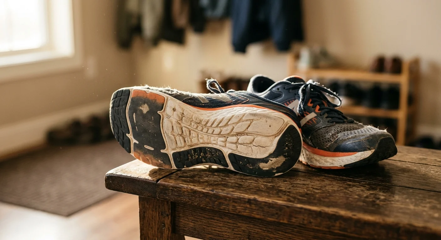 A close-up shot of the worn-out sole of a running shoe, showing compressed foam and creased midsoles on a wooden bench.