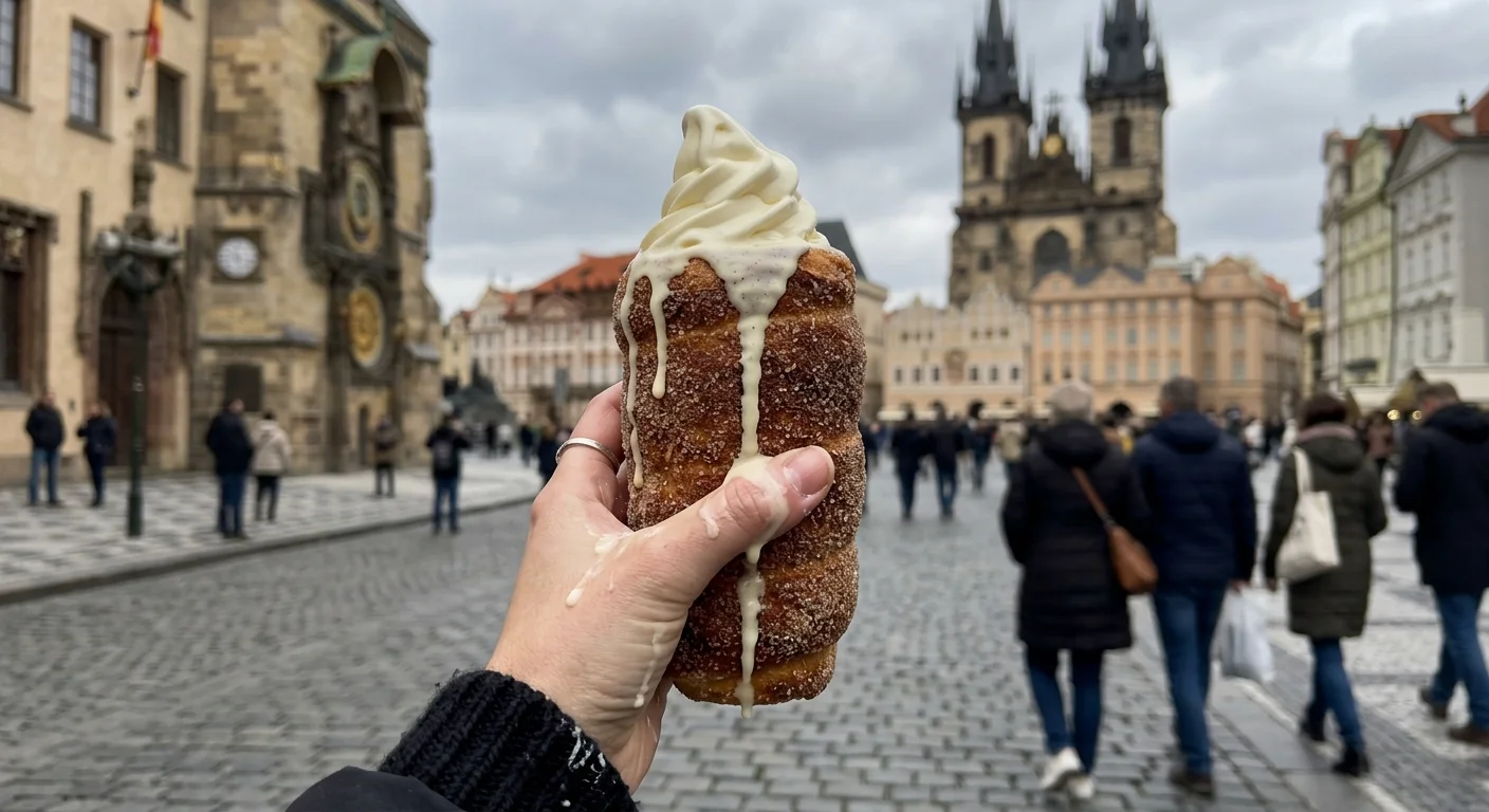 A close-up snapshot of a melting soft-serve ice cream chimney cake dripping onto a tourist's hand in Prague.