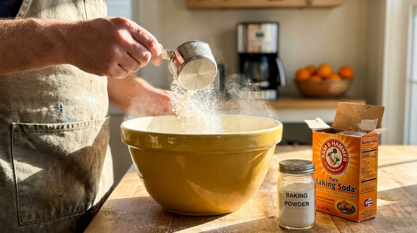 A close-up snapshot of hands pouring flour from a measuring cup into a ceramic bowl on a sunlit kitchen counter.