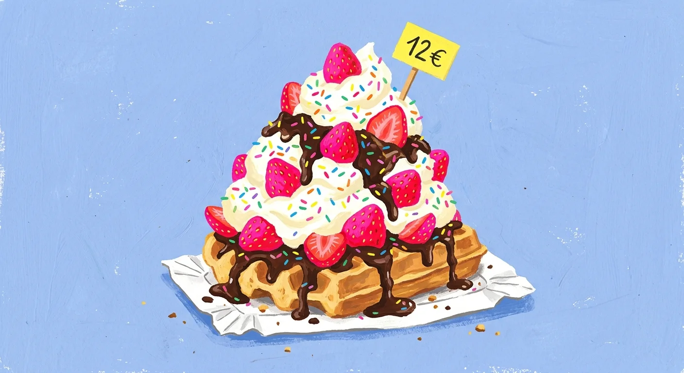 A colorful gouache illustration of a Belgian waffle overloaded with whipped cream, strawberries, and a twelve-euro price tag.