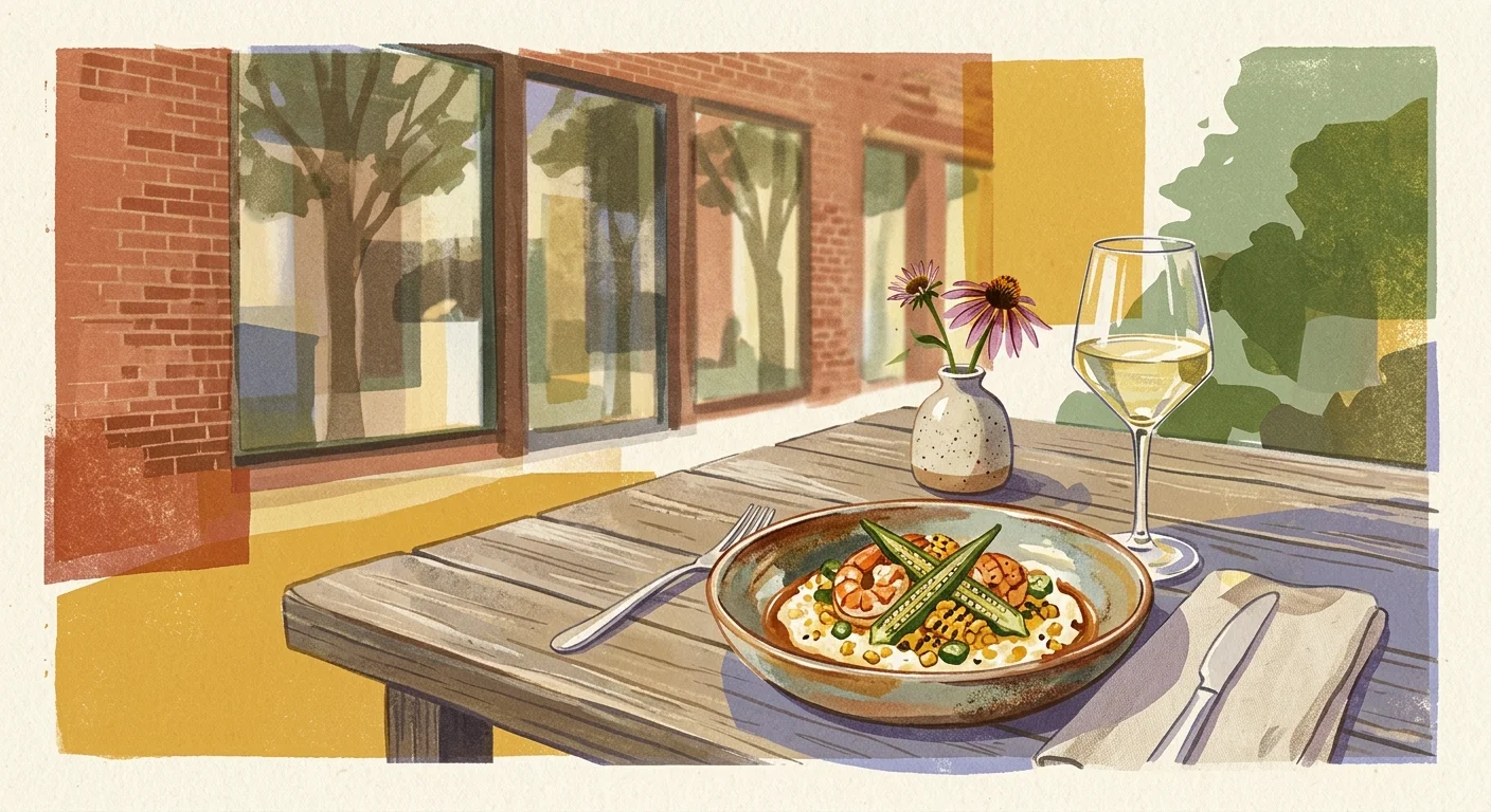 A colorful gouache illustration of an outdoor dining table featuring Southern-fusion food, with an art gallery in the background.