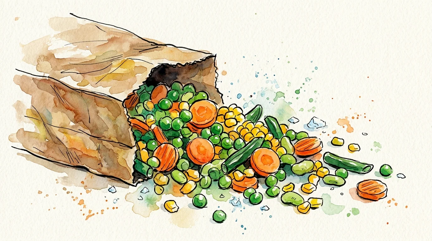 A colorful watercolor and ink sketch of frozen peas, carrots, and corn spilling from a simple brown bag on a textured paper background.