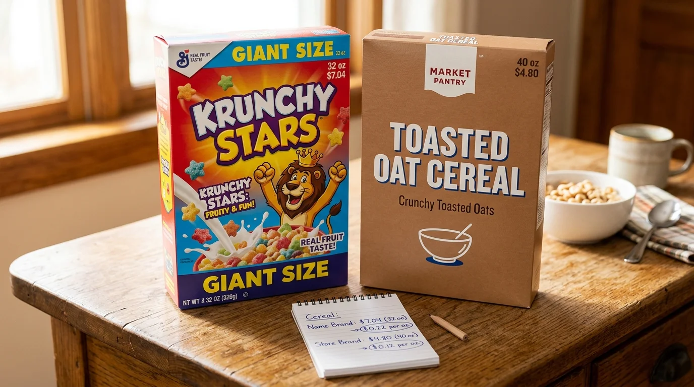 A comparison on a kitchen counter between a giant name-brand cereal box and a store-brand box, with a handwritten list showing unit prices.