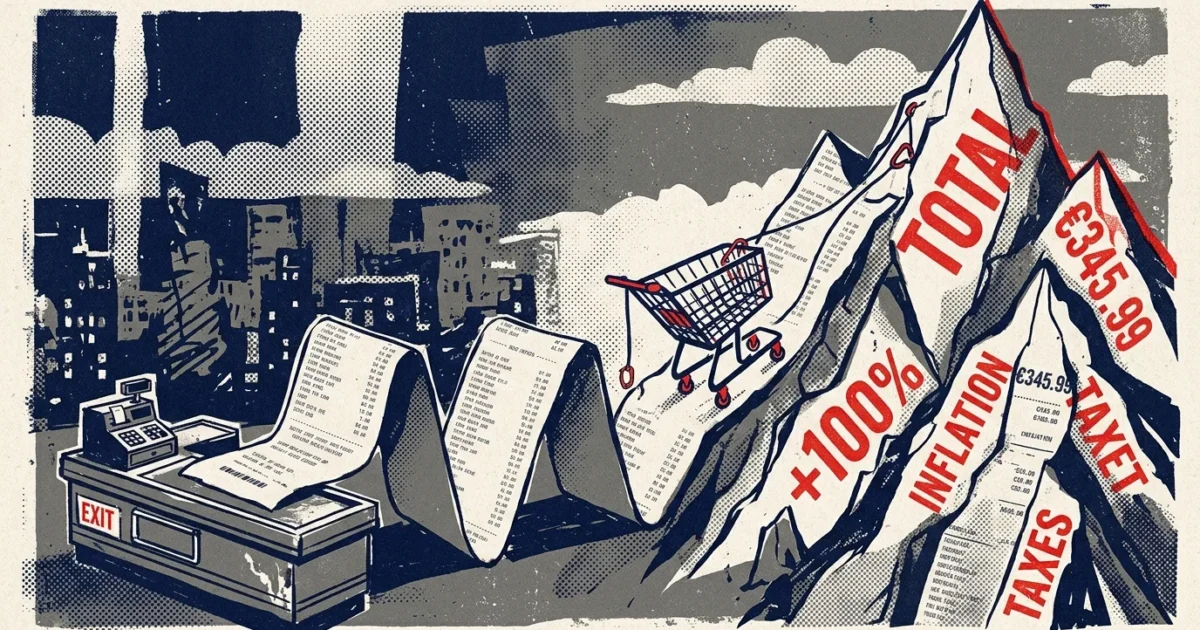 A conceptual screenprint illustration of a grocery receipt morphing into a steep mountain that a grocery cart is climbing.