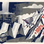A conceptual screenprint illustration of a grocery receipt morphing into a steep mountain that a grocery cart is climbing.