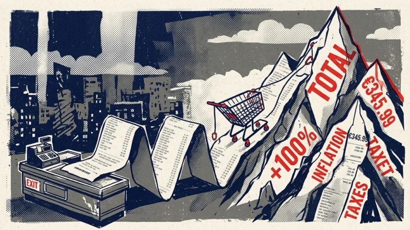 A conceptual screenprint illustration of a grocery receipt morphing into a steep mountain that a grocery cart is climbing.