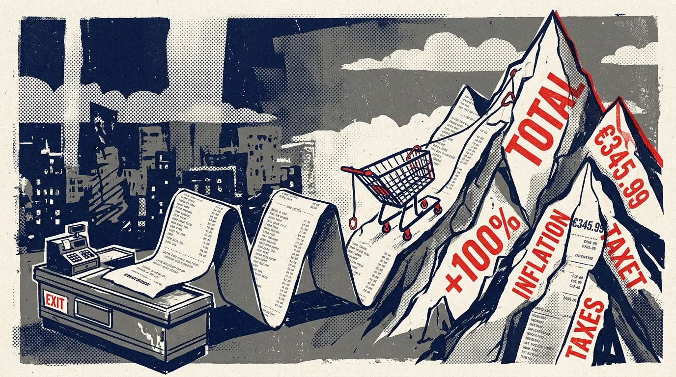 A conceptual screenprint illustration of a grocery receipt morphing into a steep mountain that a grocery cart is climbing.