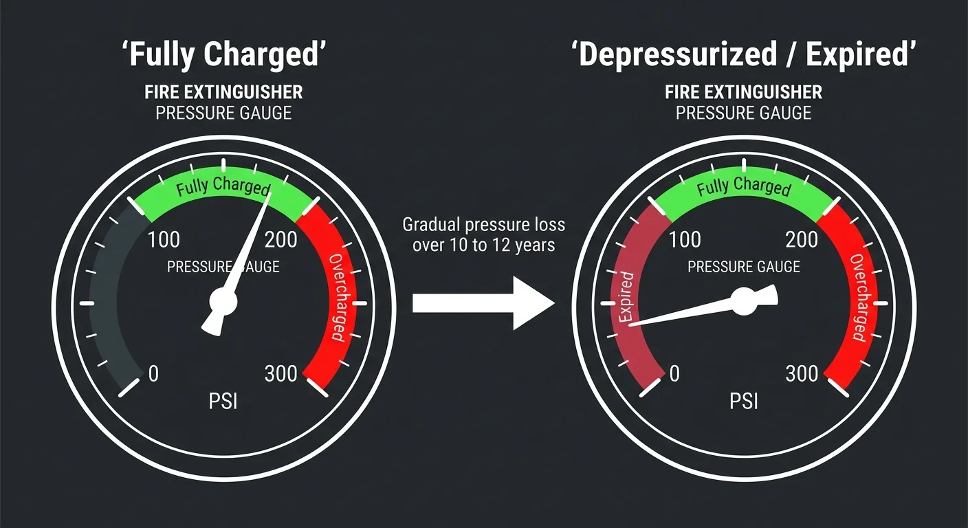 A diagram comparing a fully charged green fire extinguisher gauge with an expired red gauge over a 10 to 12 year span.