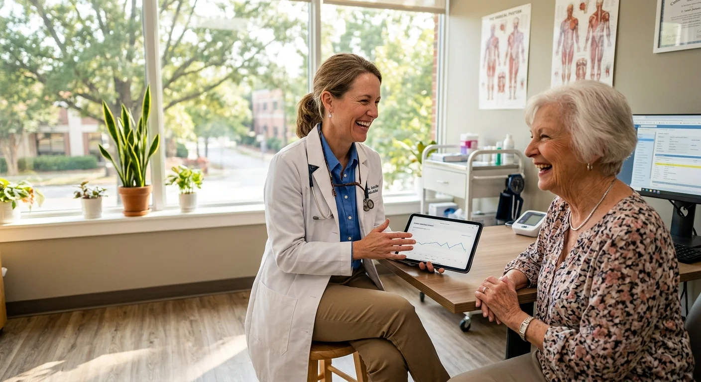 A doctor and a retired woman sharing a warm, smiling conversation during a medical consultation in a bright, modern clinic room.