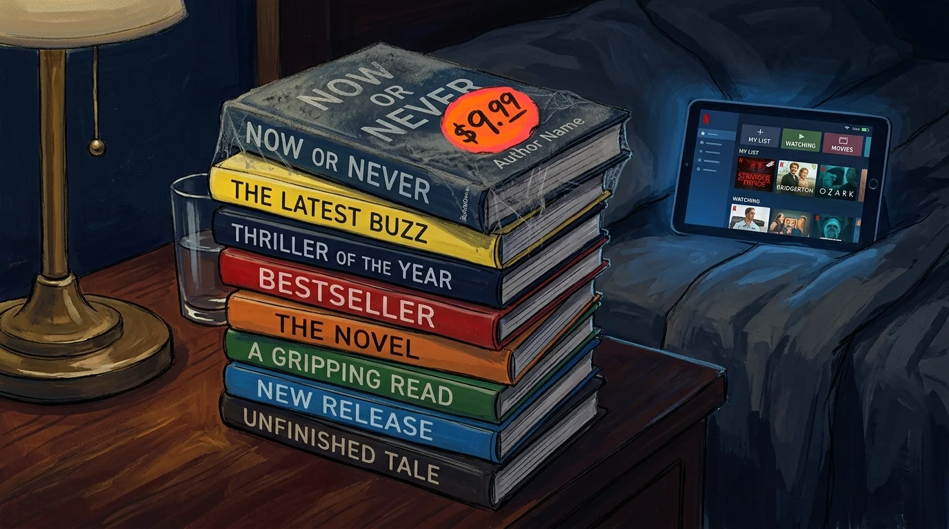 A dusty stack of bestseller books on a nightstand, with a glowing tablet screen in the dark background.