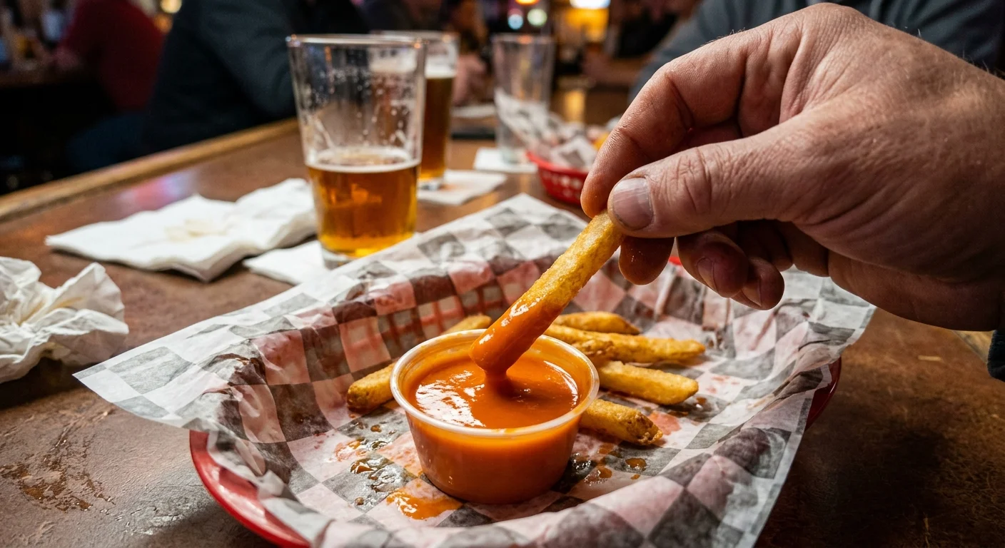 A first-person snapshot of dipping a french fry into buffalo sauce in a basket at Duff's Famous Wings.