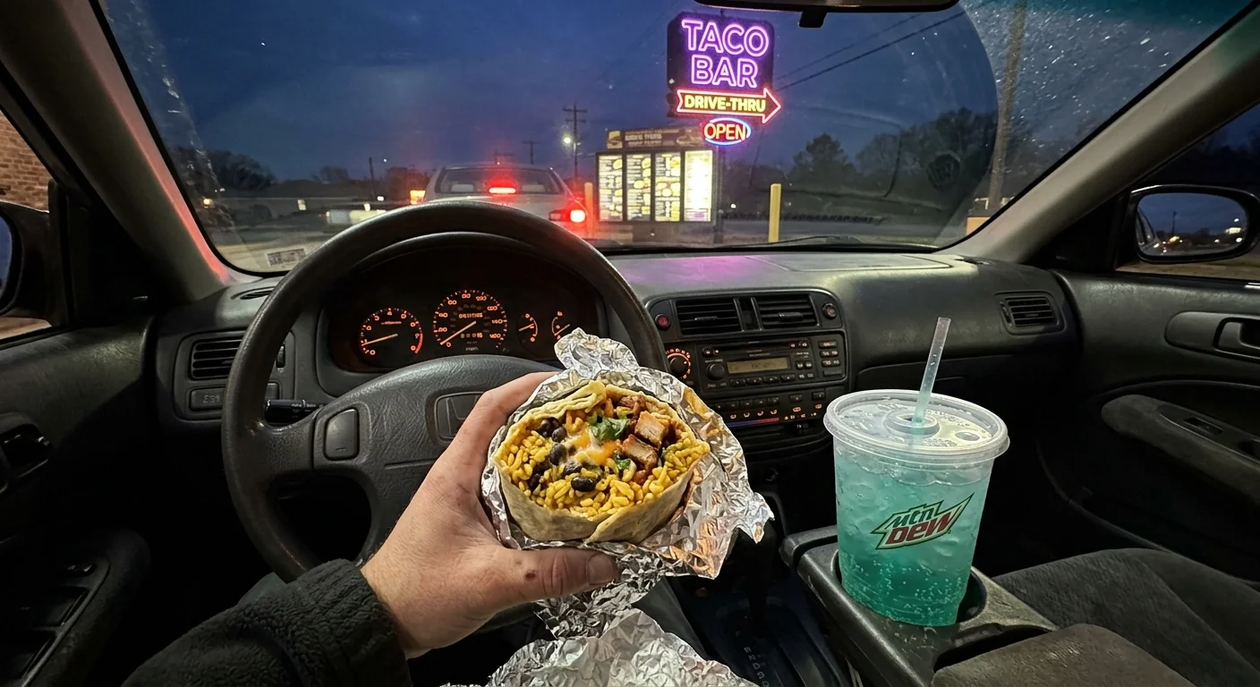 A first-person view inside a car at dusk, holding a warm, foil-wrapped burrito with a glowing drive-thru sign visible outside.