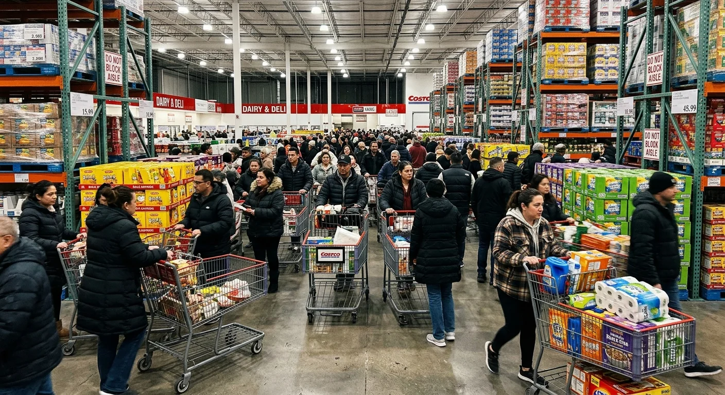 A first-person wide-angle shot of a crowded, busy store aisle packed with shoppers and metal carts on a weekend afternoon.
