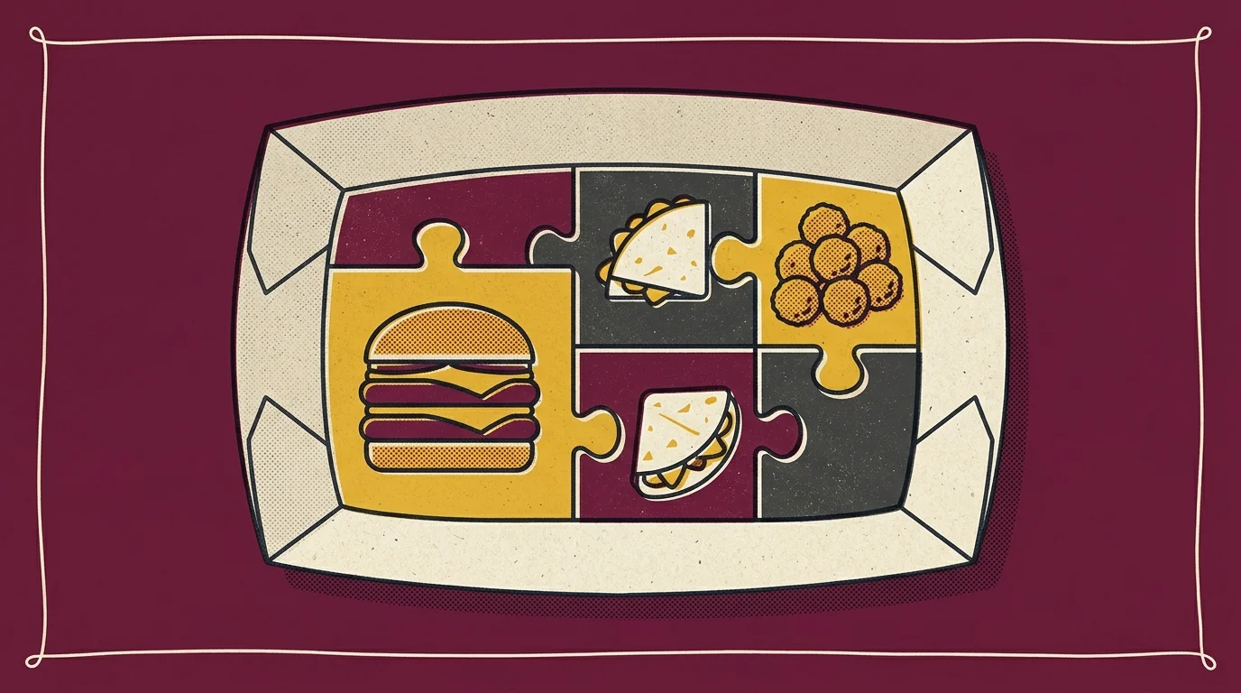 A flat risograph illustration of a customizable food tray with stylized icons of a burger, quesadilla, and hushpuppies fitting together.