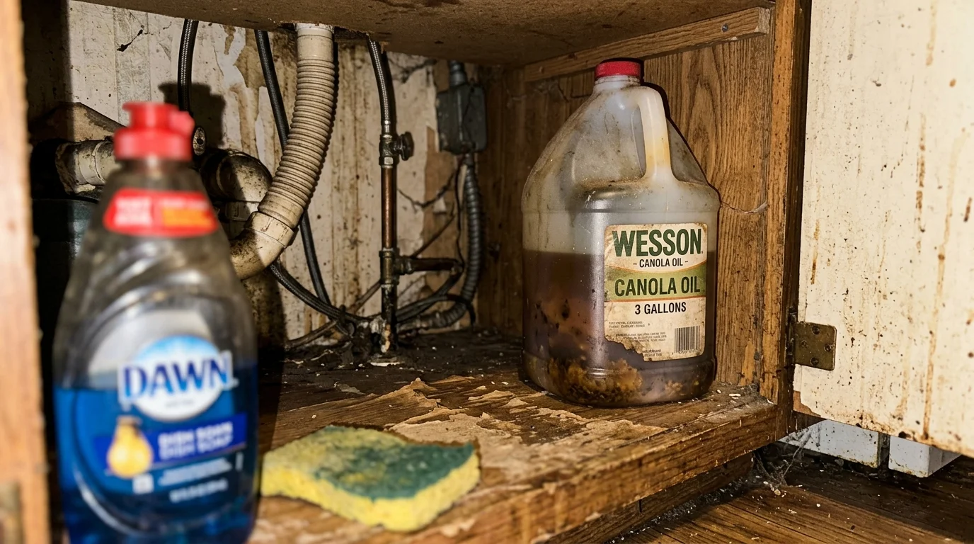 A giant, dusty jug of cloudy, rancid cooking oil pushed into the dark back corner of a kitchen cabinet under the sink.