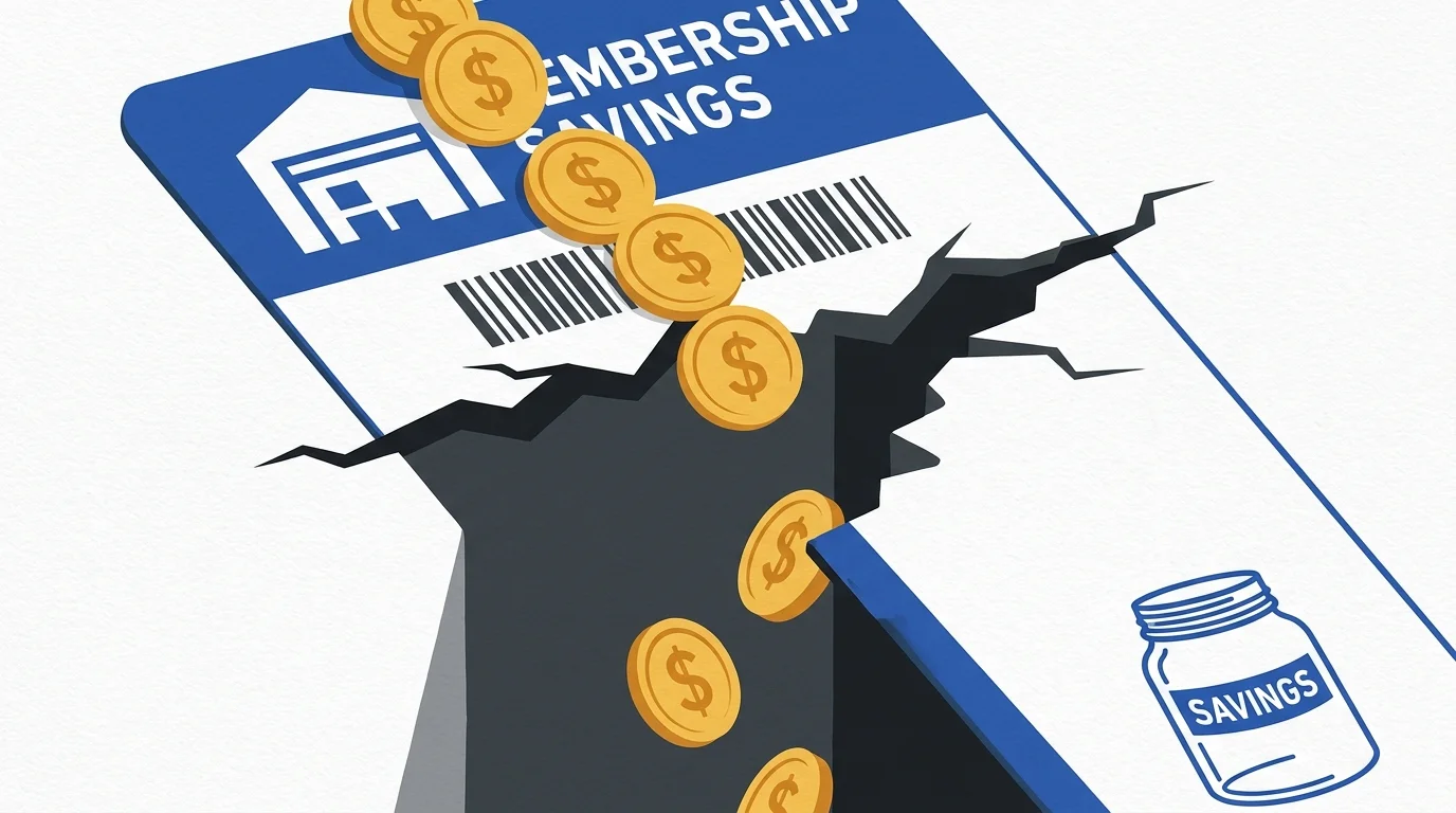 A graphic illustration of gold coins sliding down a membership card and falling through a crack, representing lost savings.