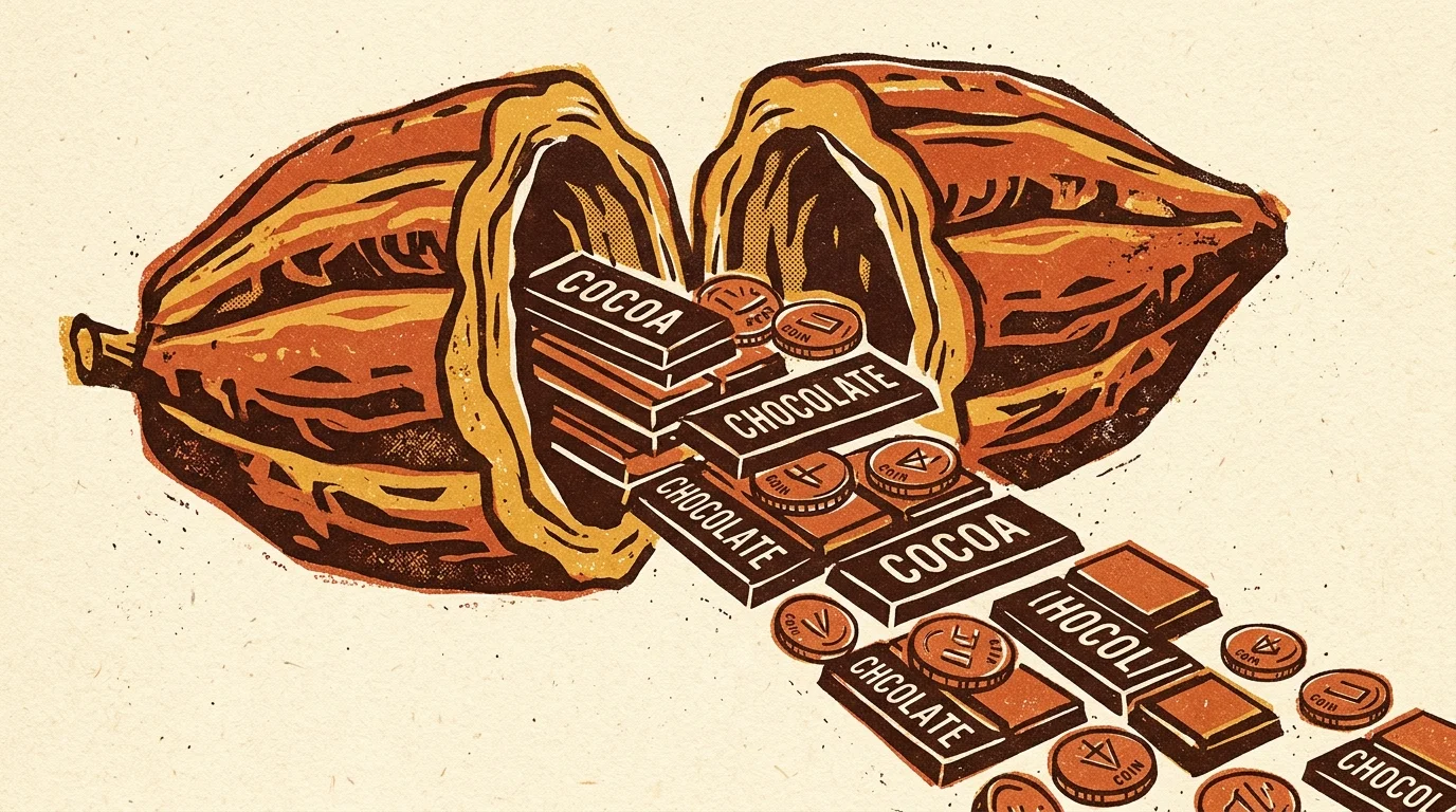 A graphic risograph illustration of a cocoa pod splitting open to reveal chocolate bars and coins spilling out.