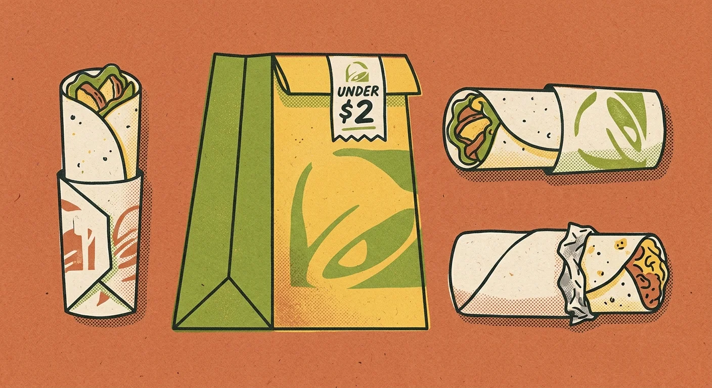 A graphic risograph illustration of burritos and chicken rollers next to a paper bag with a badge reading 'UNDER $2'.