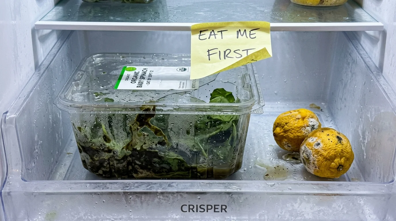 A half-empty giant plastic container of spinach rotting into slimy green mush inside a refrigerator crisper drawer.