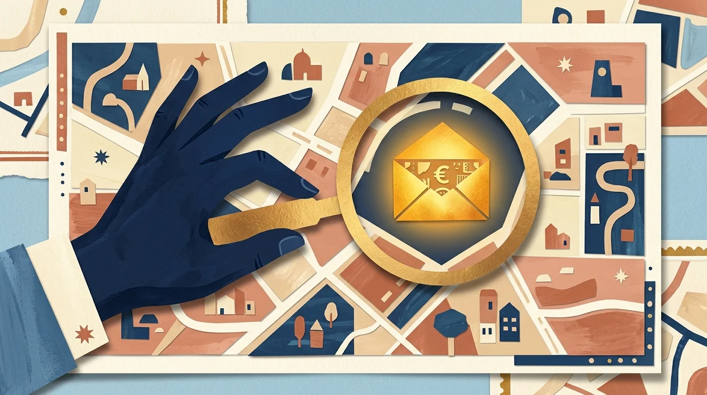 A hand-cut paper collage illustration showing a magnifying glass revealing a hidden golden envelope on a stylized map.