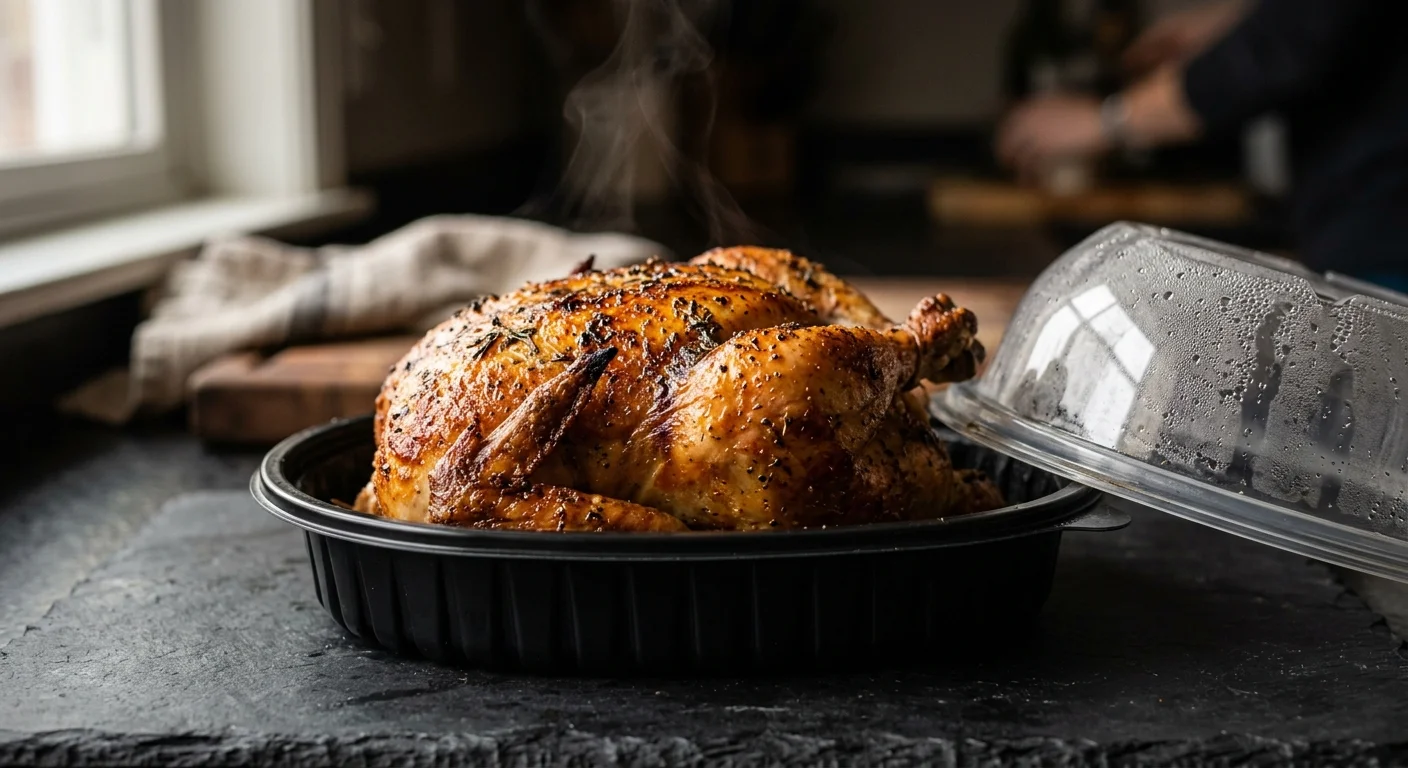 A macro photograph of a steaming, golden-brown rotisserie chicken in a plastic container on a dark counter.