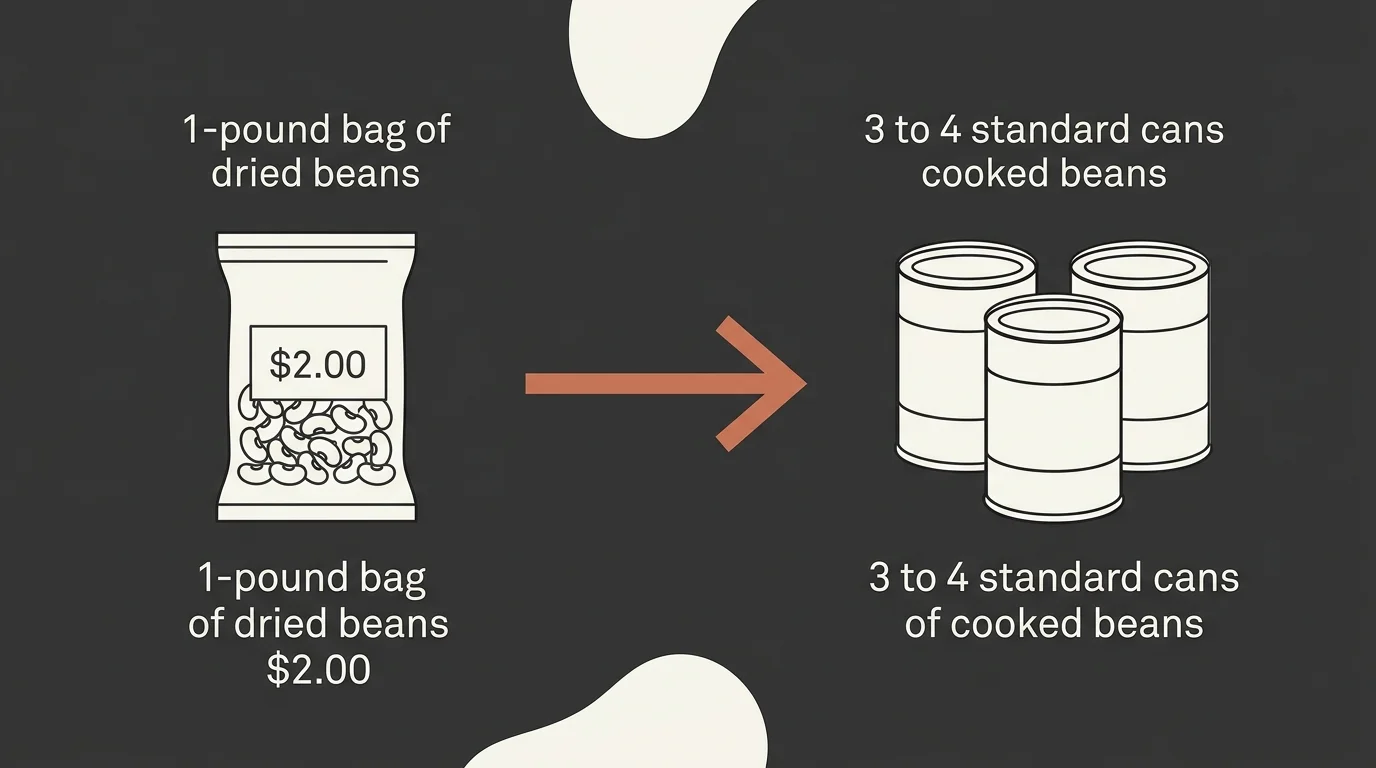 A minimalist cost-comparison diagram showing that a two-dollar bag of dried beans yields the same amount of food as three to four cans.